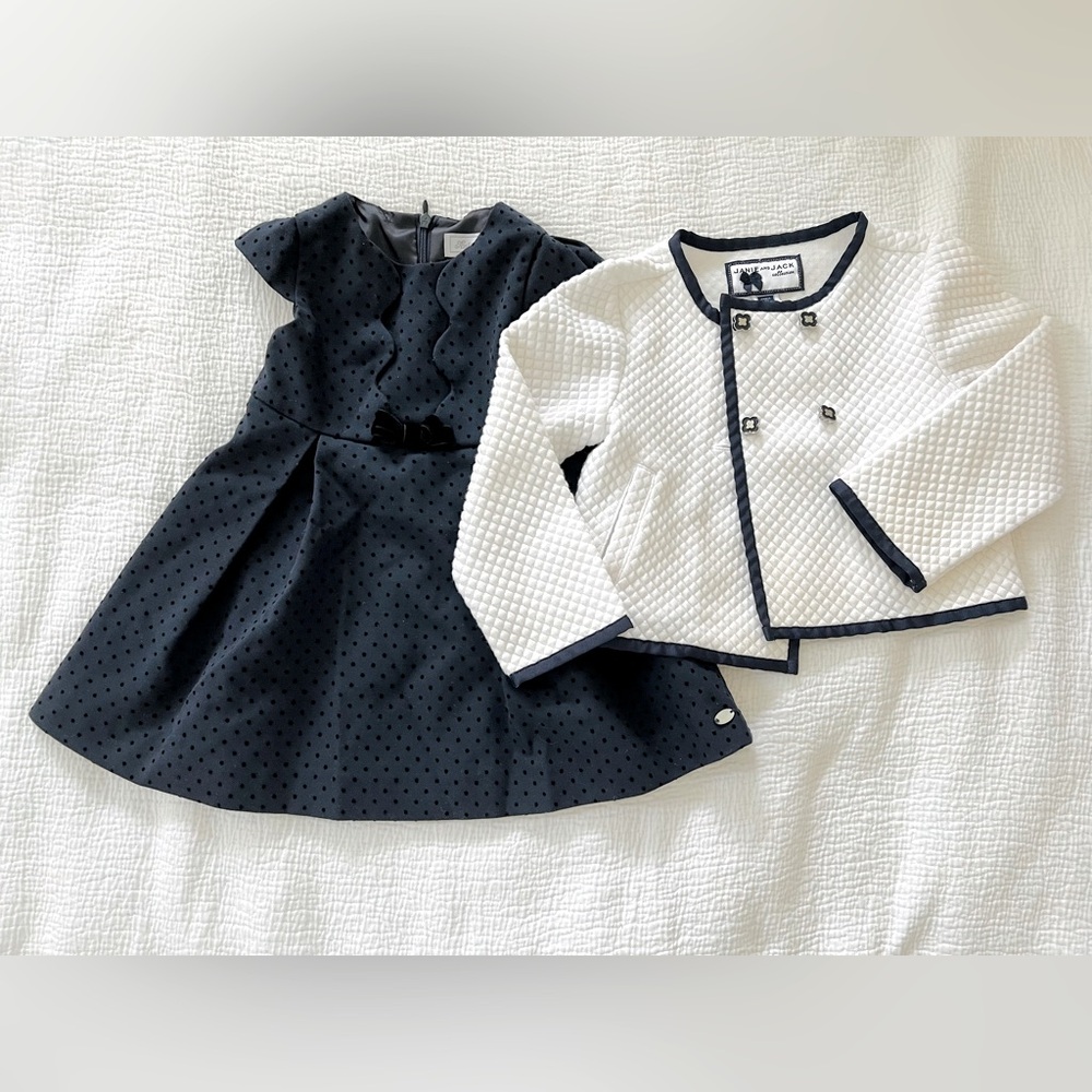 Fall Wedding guest 2T Janie and Jack navy dress w Chanel-style coat fancy formal